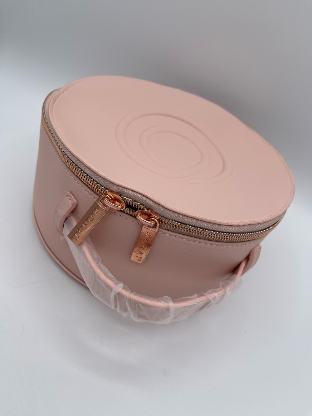 Monster Round Pink Leatherette Vanity Bag with Rose Gold Hardware